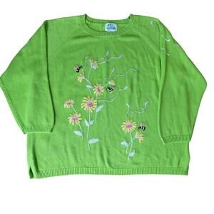The Quacker Factory 2X Green Embroidered Floral Bee Sweater Cottagecore